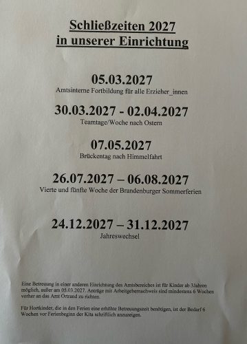 Schließzeiten für 2027